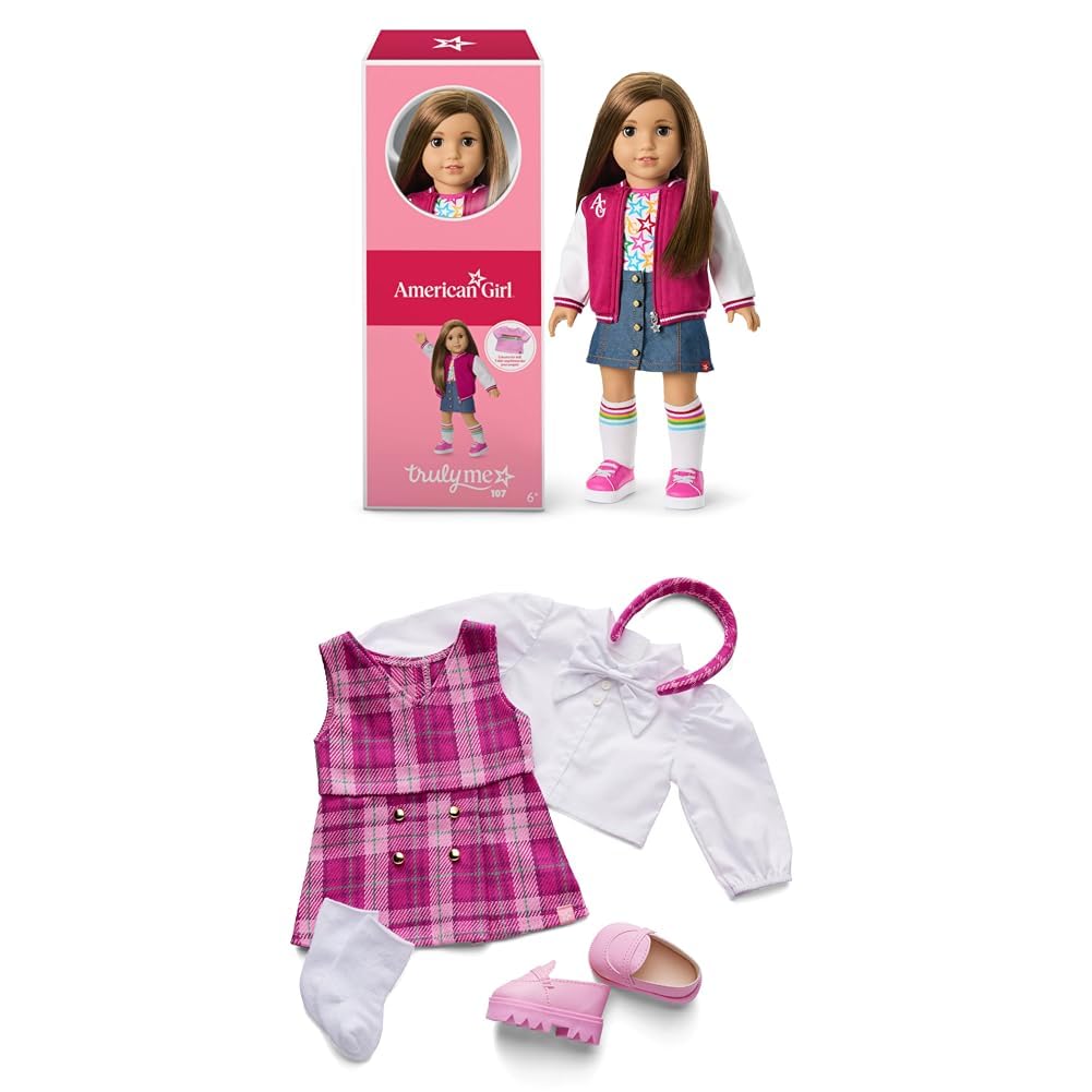 Bundle of American Girl, Truly Me 18-inch Doll #107 with Brown Eyes, Straight Brown Hair, Light-to-Medium Skin, for Ages 6+ + Truly Me 18-inch Doll Outfit, Pink &amp; Preppy Outfit, for Ages 6+