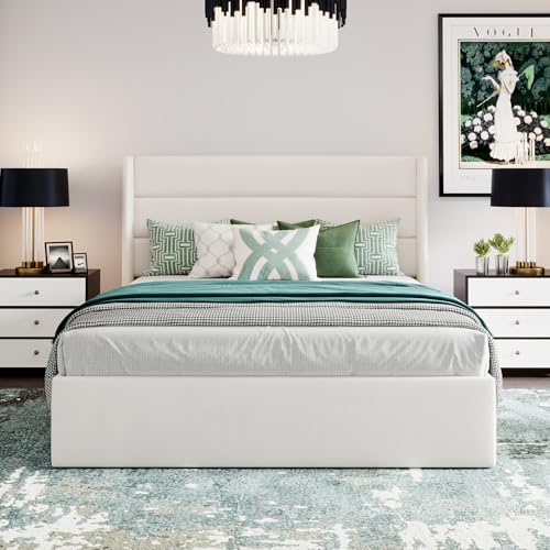 SHA CERLIN Full Size Lift Up Storage Bed/Velvet Upholstered/Modern Wingback Headboard/Upholstered Platform Bed Frame/Hydraulic Storage/No Box Spring Needed/White