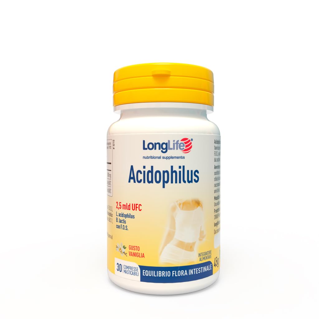 LongLife® Acidophilus | Masticabile gusto vaniglia | L. acidophilus LA 3, B. lactis BLC 1 e F.​O.​S. | Equilibrio della flora intestinale | Fino a un mese di trattamento | Vegano e senza glutine