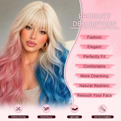 NOSTALGIA Pink Blue Blonde Wig with Bangs for Women Long Wavy Synthetic Wig - image 4