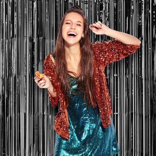 Image of Voircoloria 2 Pack Laser Black Foil Fringe Backdrop Curtains, Tinsel Streamers Birthday Party Decorations, Fringe Backdrop for Graduation, Baby Shower, Gender Reveal, Disco Party