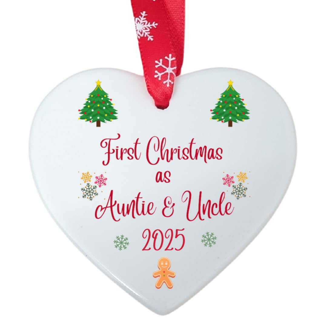 Second Ave Gift Company White,Red Second Ave First Christmas As Auntie & Uncle White Ceramic Hanging Heart Christmas Xmas Tree Decoration Bauble