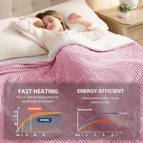 Image of Homemate Electric Heated Blanket Full Size - 72 inchx84 inch Heating Blanket Full Size 1 /2 /4 /6 /8 Hours Auto-Off 10 Heat Level Over-Heat Protection Soft Flannel Sherpa ETL Certification