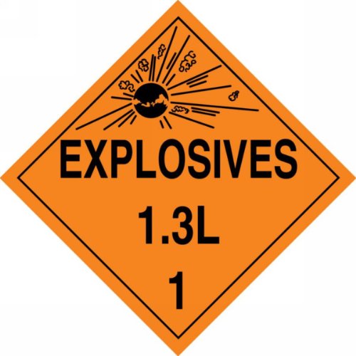 Image of Accuform MPL126VP100 Plastic Hazard Class 1 /Division 3L DOT Placard, inchExplosives 1.3L 1 inch with Graphic, 10-3 /4 inch Width x 10-3 /4 inch Length, Black on Orange (Pack of 100)