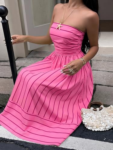Image of Milumia Women's Striped Strapless Maxi Dress Summer Casual Tube Top Long Dresses with Pocket