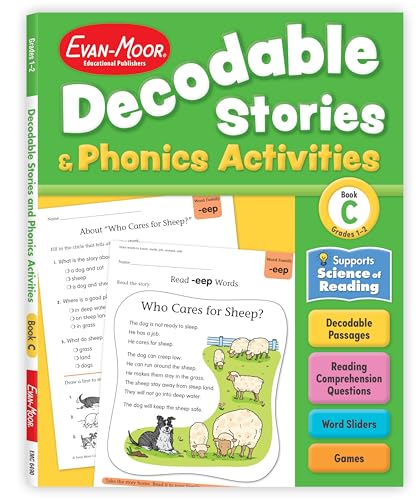 Evan-Moor Decodable Stories and Phonics Activities, Level C, Grades 1-2, Science of Reading-Aligned Workbook, 12 Stories, Word Games, Advanced Phonics Practice, Comprehension Activities