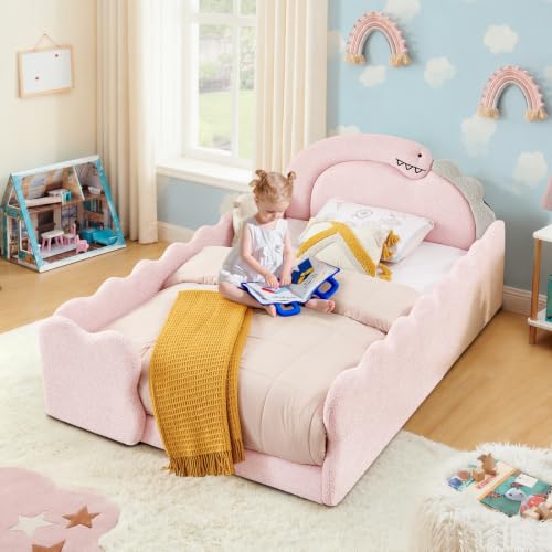 Image of Full Size Kids Bed with Dinosaur Headboard, Upholstered Boucle Fabric Twin Daybed with Slats Support & Side Pocket, Space-Saving Wooden Corner Sofa Couch Day Bed Frame for Girl, Boy, Teenager(Pink)