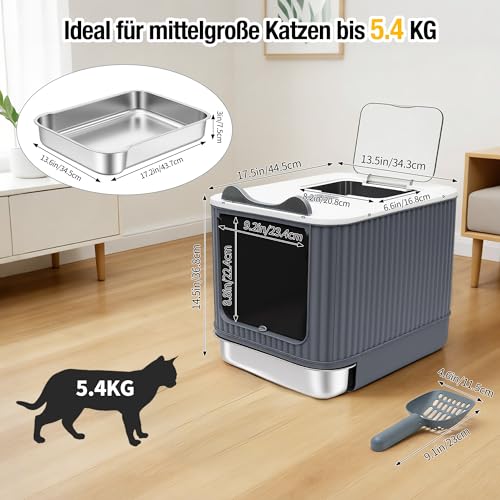 Geschlossenes Katzentoilette, Katzenklo Edelstahl mit Deckel, Katzenklo Matte und Katzenklo Schaufel, Metal Cat Litter Box für Katzen bis 5.4 kg – Bild 6