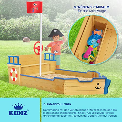 KIDIZ® Sandkasten AHOI - Piratenschiff Boot Segelschiff aus Holz Inkl. Abdeckung, Bodenplane, Sitzbank, Flaggenmast, Spielzeuge | Große Kinder Sandkiste für den Garten | Outdoor Sandbox Blau – Bild 3