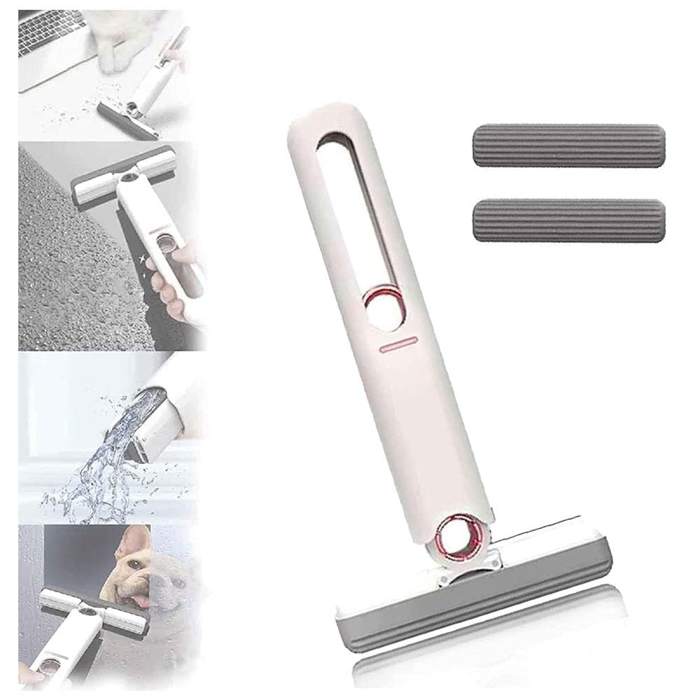 AWH Amuer Portable Mini Mop,Short Lazy Hand Wash-Free Strong Absorbent Mop Wet and Dry Use New Self-Squeezing Sponge Mop for Kitchens Household Desktop Car Counter Cleaning Mop (1 Mop + 2 Cotton Head)