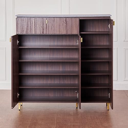 Image of Home Centre Engineered Wood Roger Marble Top 21 Pairs Shoe Cabinet with Drawer - Brown