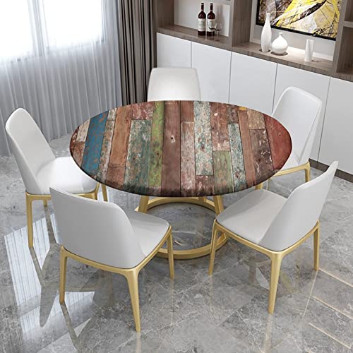 SongYi Wooden Fitted Round Tablecloth, Elastic Edge Waterproof Table Cloth for Outdoor Indoor Party, Washable Wipeable Fabric Table Cover for 48