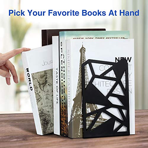 Bookends, Bookends for Shelves, veecom Geometric Book Ends for Office, Metal Bookends for Heavy Books, Decorative Book Holders for Shelves, Non Skid Book Stoppers/Stand (Black-3 Pair) - Thumbnail 2