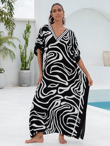 Image of KECVOT Kaftan Dresses for Women V-Neck Print Swimsuit Cover Up Plus Size Beach Caftan Lounge Dress