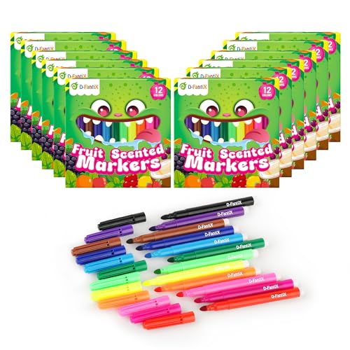 D-FantiX 12 Packs Fruit Scented Washable Markers for Kids Toddlers, 144 Count Felt Tip Colouring Pens Set, Coloured Pens Bulk Art Supplies, Back to School Supplies, Gifts for Party Favors