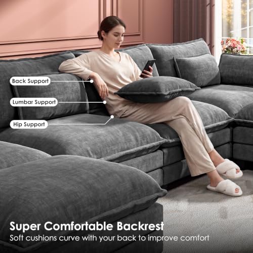 Image of Marsail Modular Sectional Sofa 145.6 inch U-Shaped Modern Comfy Cloud Couch, 6-Seat Chenille Deep Seat Sofa with Throw Pillow & Movable Ottoman for Living Room, Bedroom and Apartment, Grey
