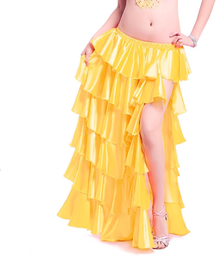 ROYAL SMEELA Women Maxi Satin Skirt Floor Length Layered Ruffle High Split Spectial Occasion Dance Skirts