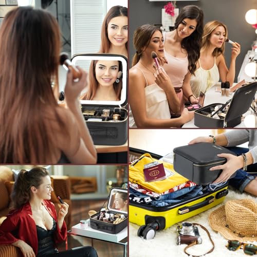 Image of Travel Train Case With Mirror LED Light 3 Adjustable Brightness Cosmetic Bag Portable Storage Partition Waterproof Makeup Brushes Jewelry Gift for Women, Black, Easy to Carry