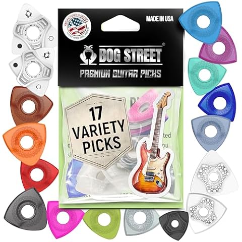 Bog Street Assorted Guitar Picks Variety Pack - 17 Guitar Pics For Guitar Made in USA - Ergonomic Plectrum Guitar Picks - Sturdy Guitar Pick Variety Pack Multiple Thicknesses And Vibrant Colors Cover