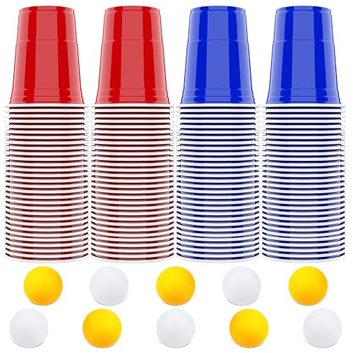 AOLUXLM Conjunto de 100 copos de plástico 10 bolas, copas vermelhas de 473 ml, copos reutilizáveis para festas de aniversário, casamento ao ar livre, campismo, casamentos