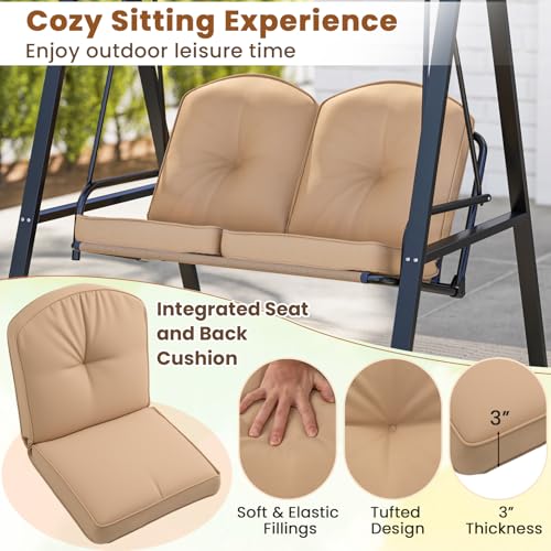 Image of Tangkula 2 Person Porch Swing, Patio Swing with Adjustable Canopy, Heavy-Duty Metal Frame & Soft Cushion, Outdoor Swing for Backyard, Garden (Beige)