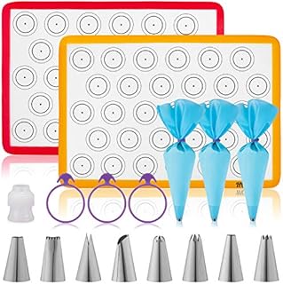 Hotpop Macaron Baking Kit Cup Set (17pcs) – 2 Half Size Macaron Silicone Mold Baking Mats Tray Set Kitchen Pastry Mat - Macaroon Making Supplies - 8 Piping Tips 3 Piping Bags with 3 Bag Ties 1 Coupler