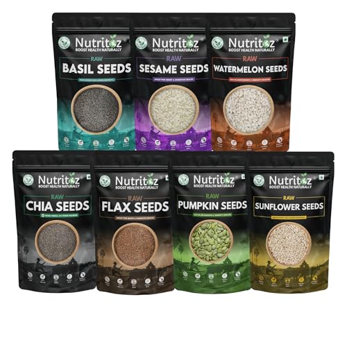 Image of Nutritoz Raw Mix Super Seeds Combo Pack Of 7 | Weight Loss with Omega 3 (50g Each) | Chia Brown Flax Pumpkin Sunflower Basil Sesame Watermelon (7 X 50 g)