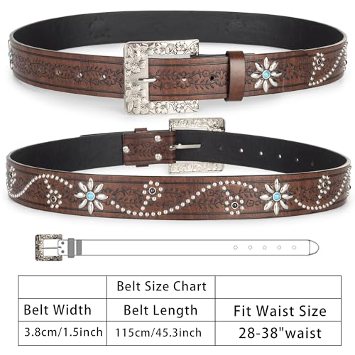Western-Belts for Women Floral-Turquoise - Cowboy-Cowgirl Embossed PU-Leather-Belt with Flower-Buckle(for 28-38'')2