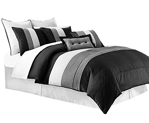 50% Off Discount Chezmoi Collection 8-Piece Luxury Striped Comforter Set (Black/White/Grey, Queen)
