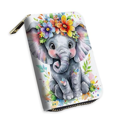 Small Credit Card Case Wallet for Women, RFID Blocking Mini Slim Leather Card Holder Wallet, Purple Baby Elephant, Pocket Business Card Case with Zipper Card Holder