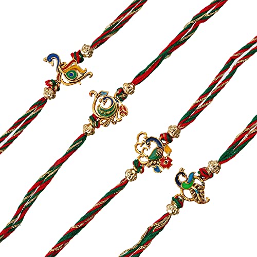 Image of eCraftIndia Multicolor Set of 4 Radha Krishna Playing Flute, Peacock, Krishna Flute, Peacock Feather Designer Religious Rakhis with Roli Chawal Pack