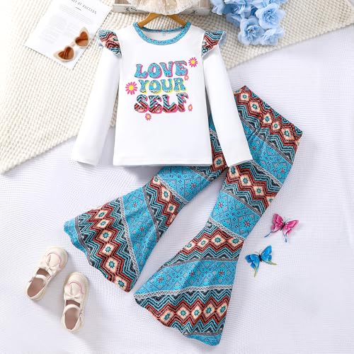 Image of Girl 2pcs set with ruffle sleeves top flared pants spring summer short sleeves 4-12Y