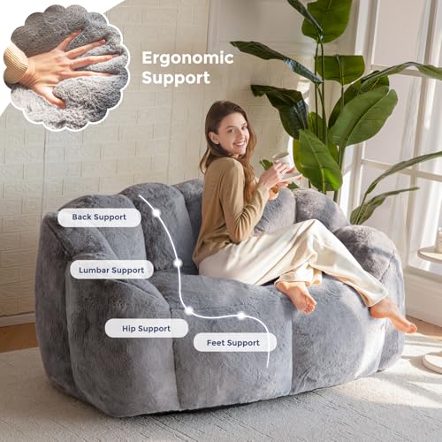 Image of MAXYOYO Bean Bag Chair for Adults, Loveseat Floral Shaped Bean Bag Sofa, Ultra Soft Love Seat Mini Sofa Couch, Faux Fur Reading Chair for Living Room Bedroom, Dark Grey