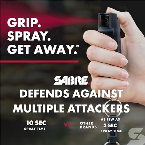 Image of Sabre Pepper Spray - Quick Release Keychain for Easy Carry & Fast Access, Max Police Strength Self Defense OC Spray with UV Dye, 10 Sec. Spray Time, Finger Grip - Faster Aim, 0.54 fl oz,Secure Safety