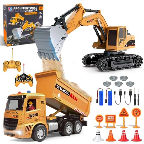 Pelleteuse Télécommandée et Camion-Benne Télécommandé, 2 Véhicules de Chantier 2.4GHz avec...