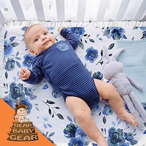 Image of Dear Baby Gear - Reversible Baby Blankets - Soft Nursery Blanket for Newborn - Toddler Blankey - Throw Blanket for Boys & Girls - Infant Blankets - 43x33 (Blue Watercolor Roses on White w /Ruffles)