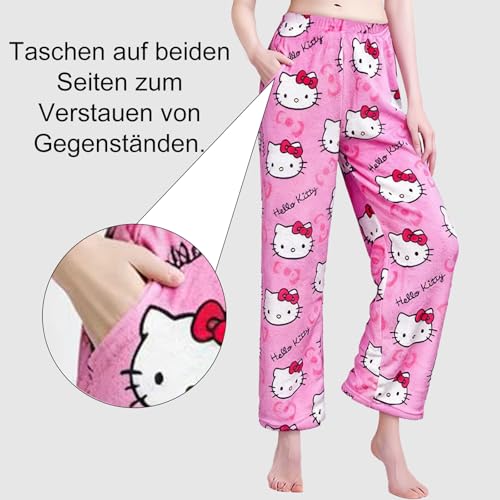 Pyjama Hose Damen Schlafanzughose Lang Flanell Pyjamas Hose mit taschen Schlafanzug Weich Kawaii Anime Bequeme Cartoon Casual Frauen Schlafhose Herbst-Winter Warm Weihnachten Halloween Homewear(M)
