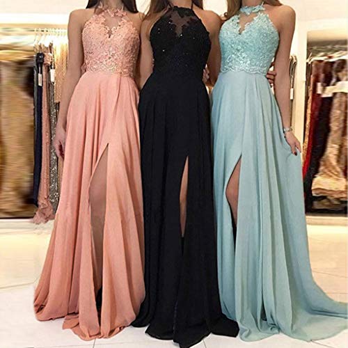 YiYLunneo Women\'s Dress Elelgant Embroidery Lace Halter Evening Party Wedding Slit Formal Long Dresses Black