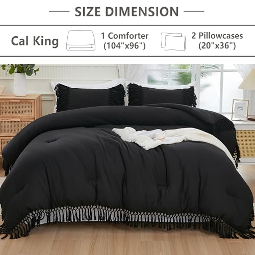 Image of Andency Black Comforter Set California King, 3 Pieces Boho Tassel Lightweight Soft Bedding Comforter Sets for King Bed, All Season Fluffy Fringe Bed Set (104x96In Comforter & 2 Pillowcases)