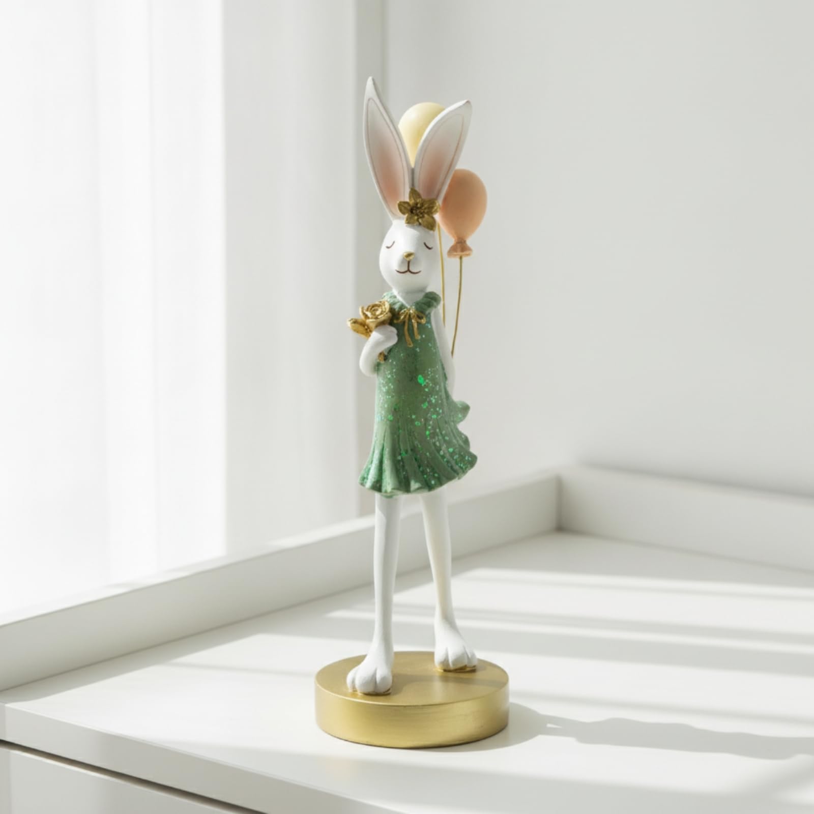 Statuetta di Coniglio Pasquali Coniglio in Resina Statuetta con Palloncini per Collezionisti, Soggiorno, Scrivania, Mensola, Bianco