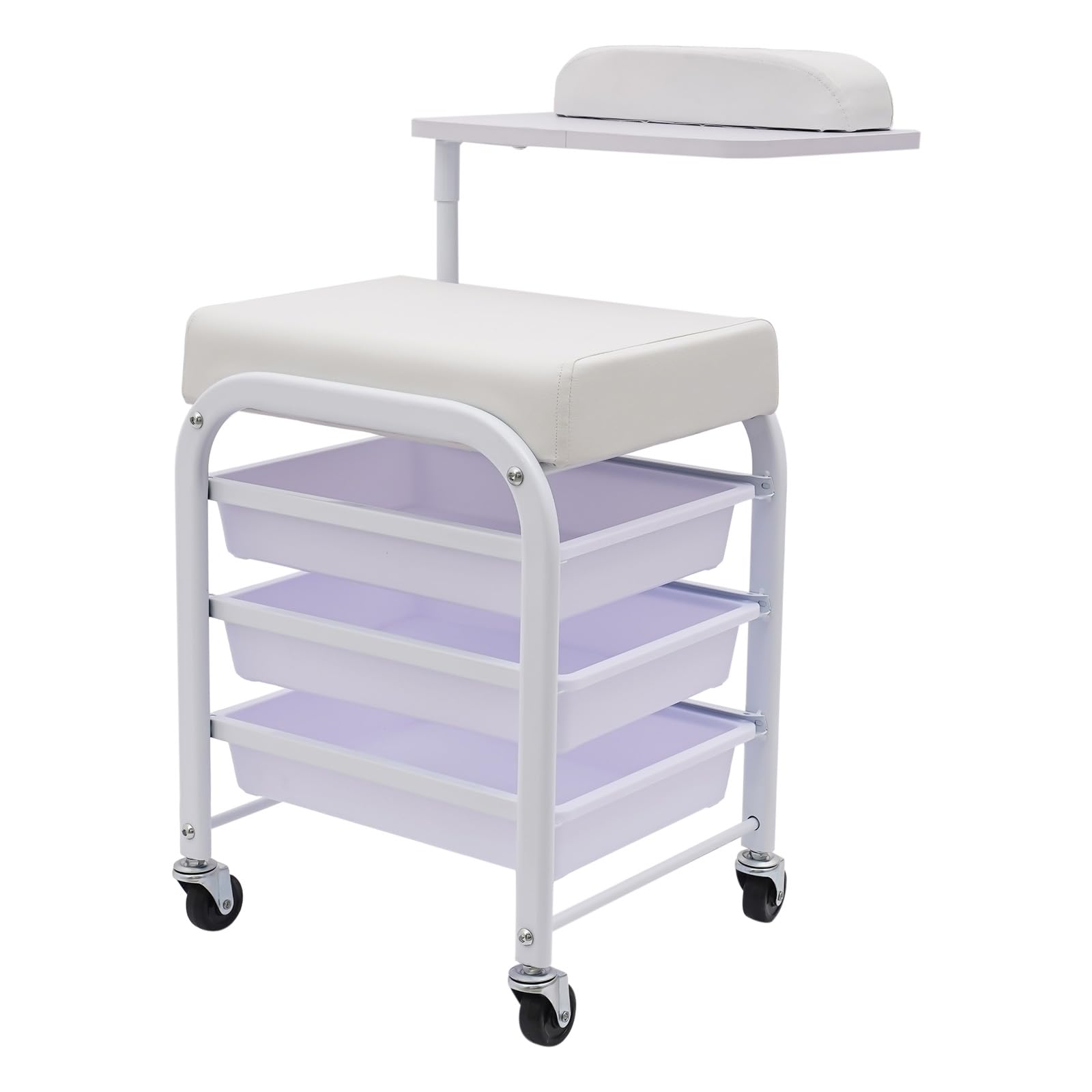 Wózek do manicure, pedicure, przenośny wózek do manicure z 3 szufladami i regulowaną tacą, do kąpieli stóp, SPA, na kółkach, biały