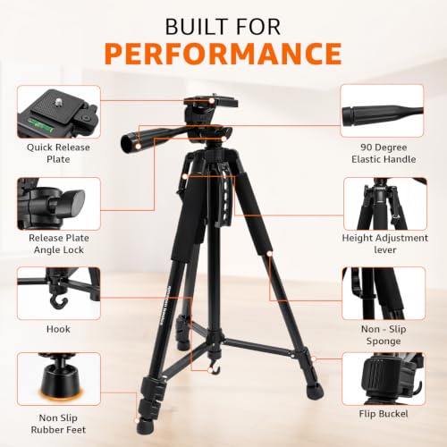 Image of Amazon Basics 55-Inch Aluminium Tripod, Lightweight Portable Camera Tripod Stand with Carry Bag, 3-Way Pan Head, Quick Release Plate, for Smartphones, GoPro & DSLR, Load Capacity up to 5kg