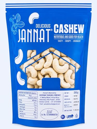 Image of JANNATCASHEW Premium Cashew Nuts W180 Grade 250g and California Almonds 250g Combo Pack | Whole Unsalted Cashew Kernels and Almonds | Crunchy Dry Fruits | Suitable for Snacking, Baking and Cooking
