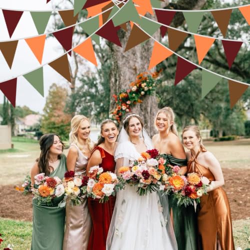 Image of 40Ft Burgundy Sage Green Brown Orange Fabric Bunting Banner Pennant Hanging Party Decorations Cotton Triangle Flag Garland for Retro Autumn Thanksgiving Fall Harvest Pumpkin Birthday Baby Shower Decor