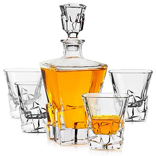 LUXU Whiskey Decanter Set,Premium 1 Iceberg Whiskey Decanter(29oz) with 4 Iceberg Whiskey Glasses(10oz) for Liquor Scotch Bourbon Vodka Brandy or Wine
