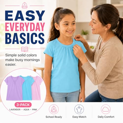 Image of Bienzoe Plain Solid Girls T-Shirts: School Basic Tee 3-Pack | Short Sleeve, Ages 4-13, PE, Recess, Outdoor Play, Soft Cotton Blend, Breathable Quick-Dry, Easy Care, Easy to Mix and Match