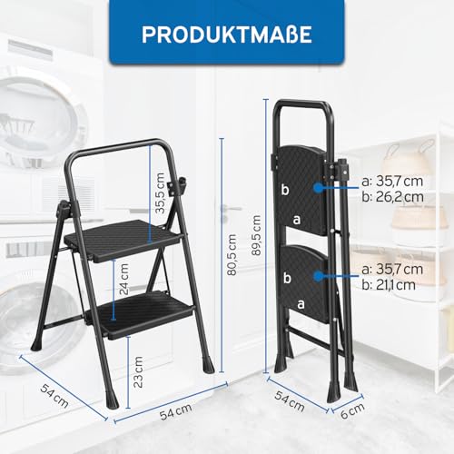 kör4u Trittleiter 2 Stufen - 150 kg belastbar - Standhöhe ca. 45 cm, klappbar, rutschfeste Stufen, Stahlrahmen, Haushaltsleiter, schwarz