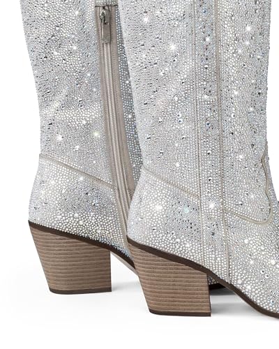 MUCCCUTE Women's Rhinestone Mid Calf Boots Sparkly Block Heel Cowboy Boots Glitter Boots3
