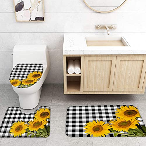 4 Pcs Shower Curtain Sets, Rustic Farm Sunflower Black And White Buffalo Plaid Bathroom Decor Set Waterproof Shower Curtain 72" X 72" With 12 Hooks Bath Mat Toilet Lid Cover U-Shape Contour Rug #TOP3