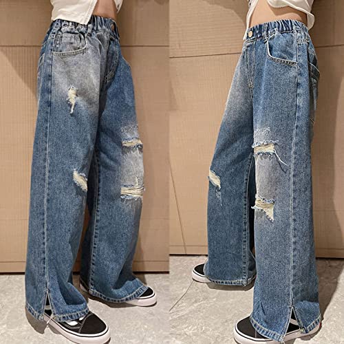 Milokado Onlyangel Kids Girls Washed Elastic Waist Wide Leg Jeans Size 4-14 Years (Blue Ripped-Split,12-14) #TOP3